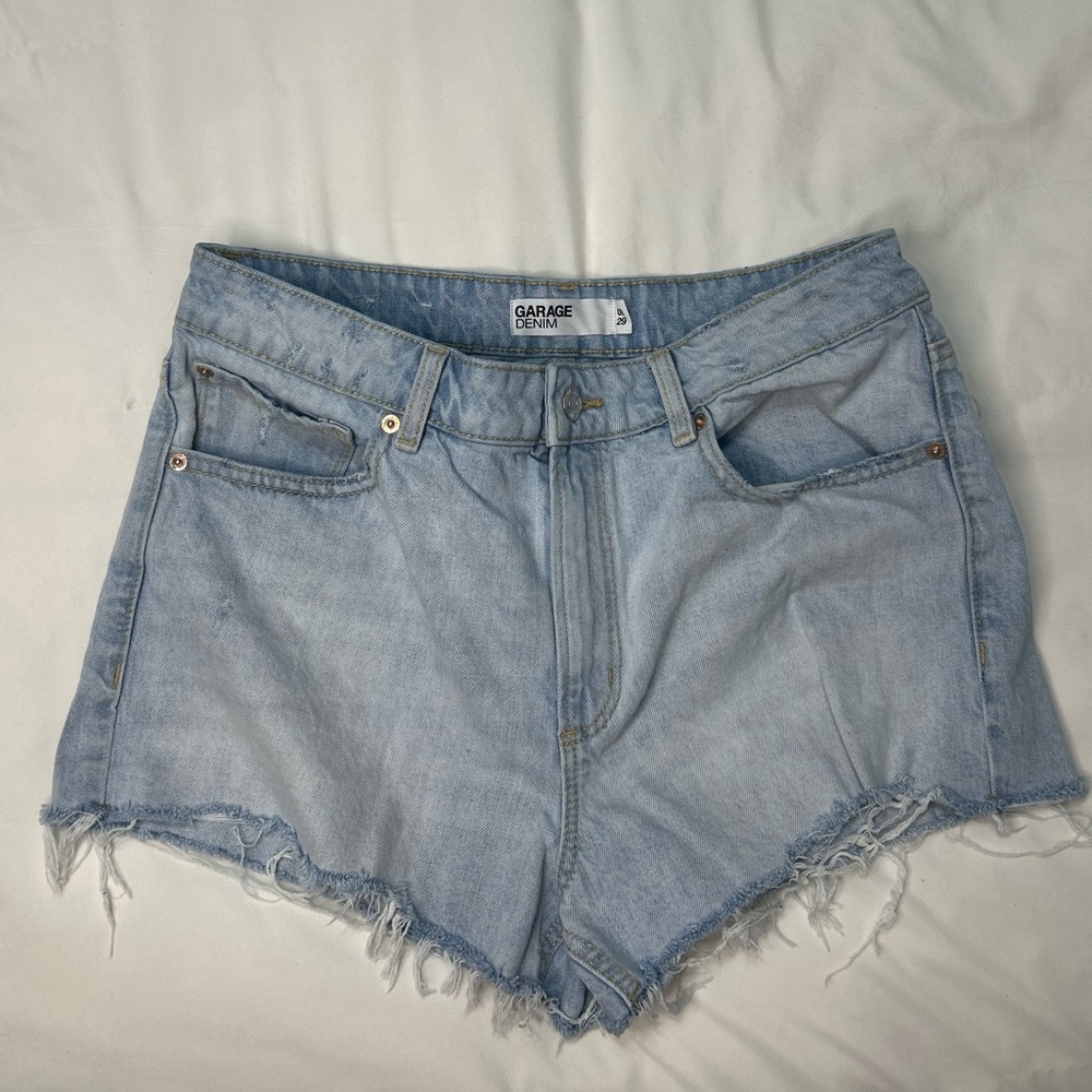 Garage Light Blue High-Rise Frayed Denim Shorts
